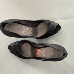 Find this listing @coquettecollect  Ferragamo Black Satin Peep-Toes